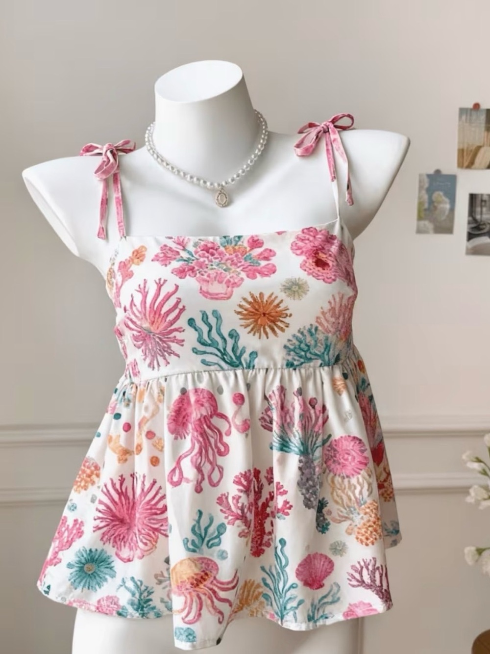 Women’s White Ocean-Print Tie-Shoulder Tank Top with Pink Accents